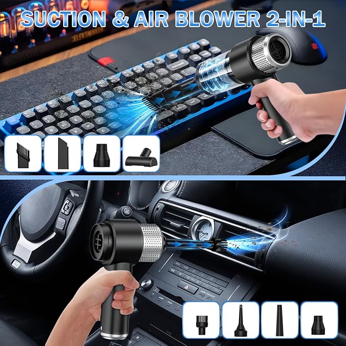 KMM Handheld Car Vacuum Cleaner, 16000PA Hand Held Vacuum Portable Cordless, 2 in 1 Air Duster and Vacuum Cleaner with LED Light, Multi-Nozzles, 120W High Power Mini Vacuum for Home, Pet, Office - Image 2