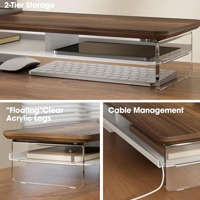 Fenge 42.5" Dual Monitor Stand with Clear Acrylic Legs, Brown | Clear acrylic, storage compartment, 2-tier home office monitor riser, wide large desktop shelf fit monitor/laptop/printer - Image 3