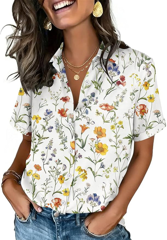 Zeagoo Button Down Shirts for Women Short Sleeve Collared Tops Dressy Casual V Neck Blouses by Zeagoo