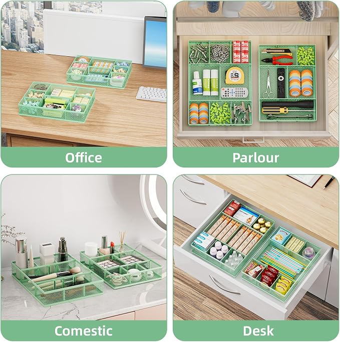 Marbrasse 2 Pack Desk Drawer Organizer, Mesh Drawer Organizer Tray with 8 Adjustable Compartments, Desk Organizers and Accessories, 5 Dividers Drawer for Office Supplies, Makeup & Vanity (Green) - Image 3
