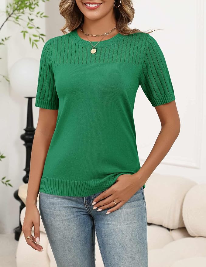 Zeagoo Women's Short Sleeve Sweater Tops 2026 Spring Summer Crew Neck Hollow Out Blouses Dressy Business Casual Outfits - Image 2