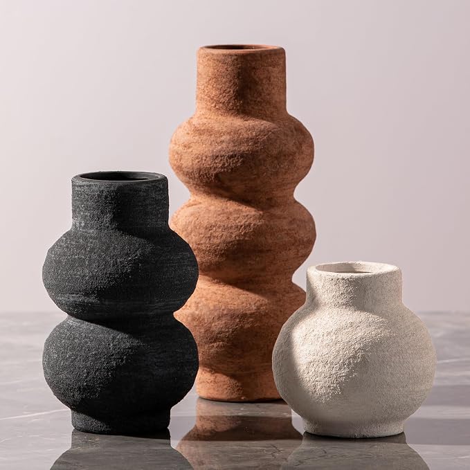 Ceramic Vase Home Table Decor - Flower Vase Set of 3 Living Room Kitchen Decorations Farmhouse Modern Rustic Vases Decorative Centerpiece for Shelf Bedroom Office Bathroom Dining Coffee Desk by VanseliaHome