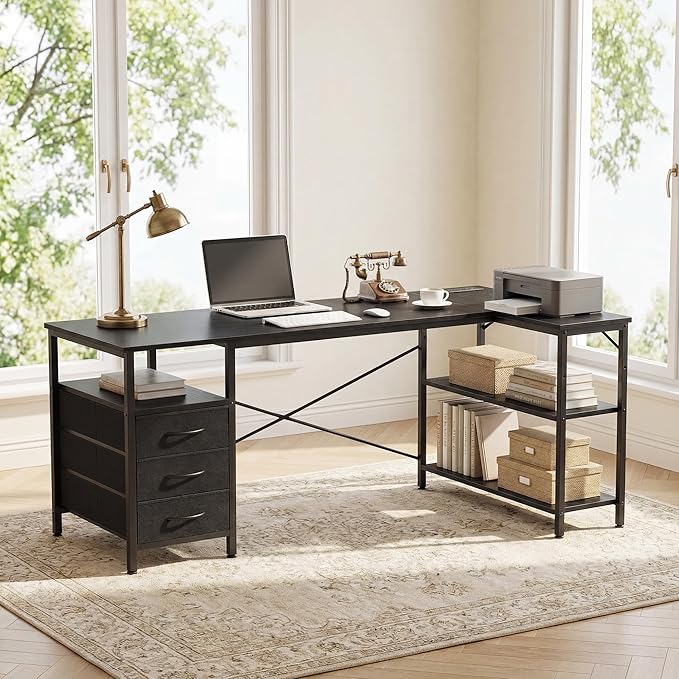 Alpen L Shaped Computer Desk, 47 Inch Corner Desk with Drawers and Power Outlets, Home Office Desk for Gaming, Study Writing PC Table with Storage and Reversible Shelf, Black - Image 2