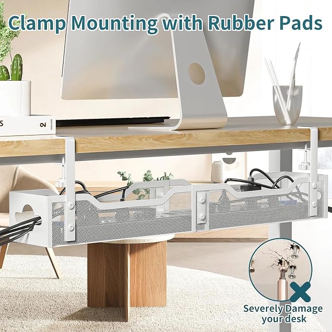 Under Desk Cable Management Tray 32'', Cable Management Under Desk No Drill, Cable Organizer with Clamp for Wire Management, Cord Organizer for Office, Home - No Damage to Table (White) - Image 5