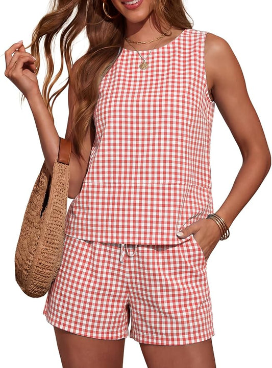LOMON Women's Trendy 2 Piece Outfits Shorts Sets Summer Crew Neck Sleeveless Tank Top and Bottom Matching with Pockets 2026 by LOMON