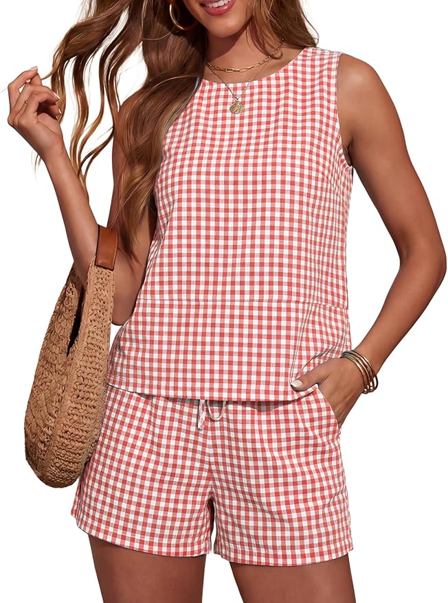 LOMON Women's Trendy 2 Piece Outfits Shorts Sets Summer Crew Neck Sleeveless Tank Top and Bottom Matching with Pockets 2026 by LOMON