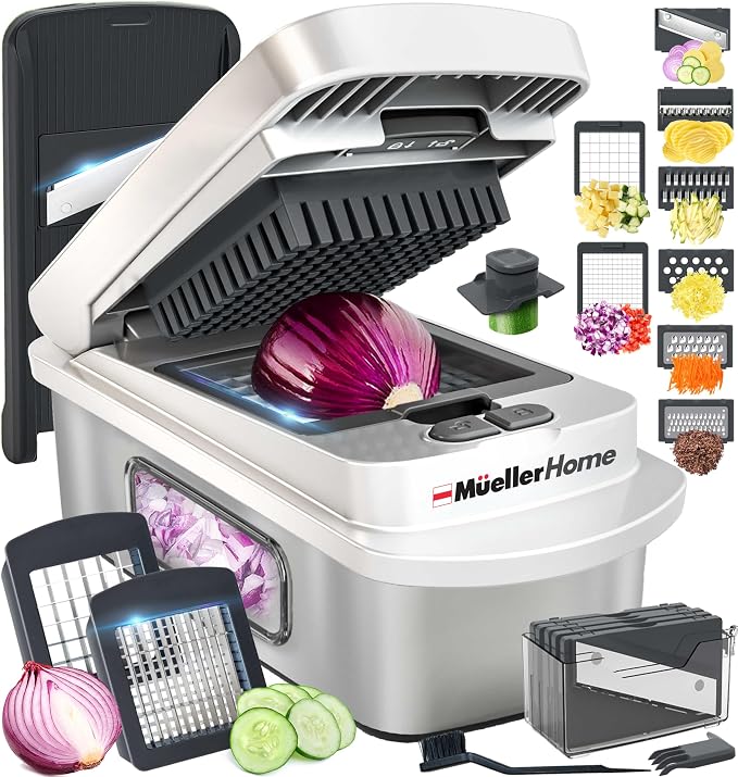 MUELLER HOME Pro-Series 10-in-1, Stainless Steel Multi Vegetable Chopper | 8 Blade Mandoline Slicer, Kitchen Accessories and Essentials, Food and Veggie Chopper, Mincer, Dicer, White Sand/Grey by Mueller