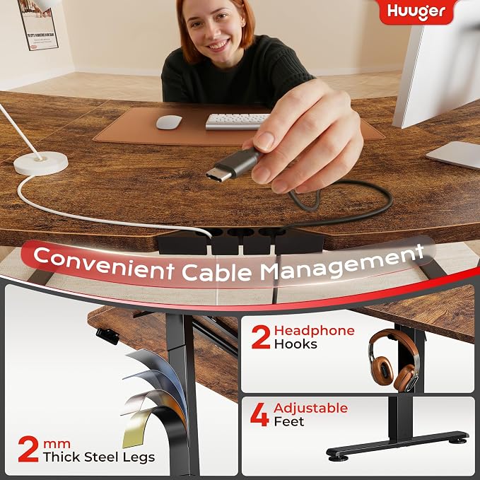 Huuger 63 X 24 Inch Electric Standing Desk with Power Outlets and USB-C Port, Height Adjustable Desk, Sit Stand Desk for Home Office, Computer & Gaming Desk with 4 Presets, Rustic Brown - Image 6