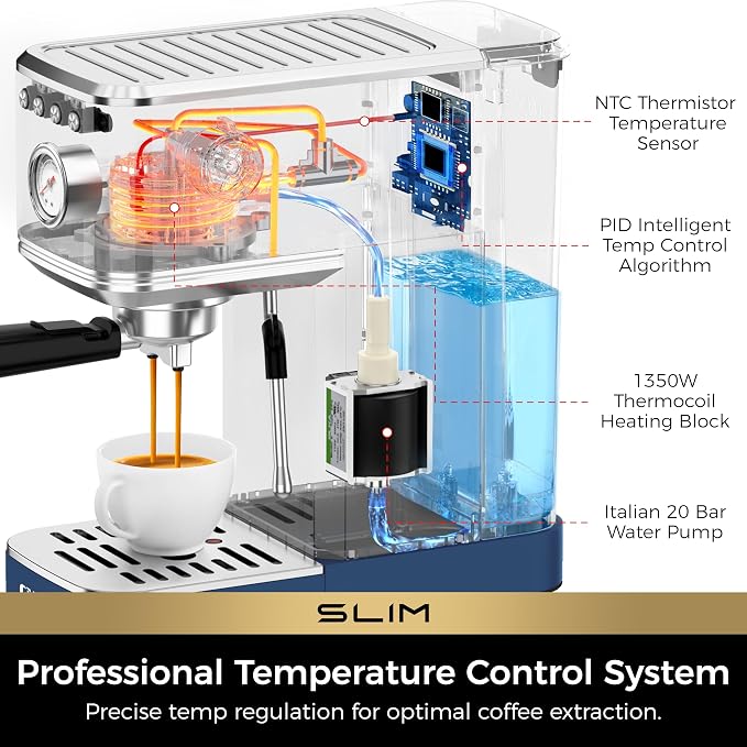 CHULUX Slim Espresso Machine with Milk Frother for Home Latte, Dark Blue | Precise Pressure Gauge, Food-Grade Materials, 20 Bar Italian Pump, Professional Temperature Control System, Stainless Steel - Image 4