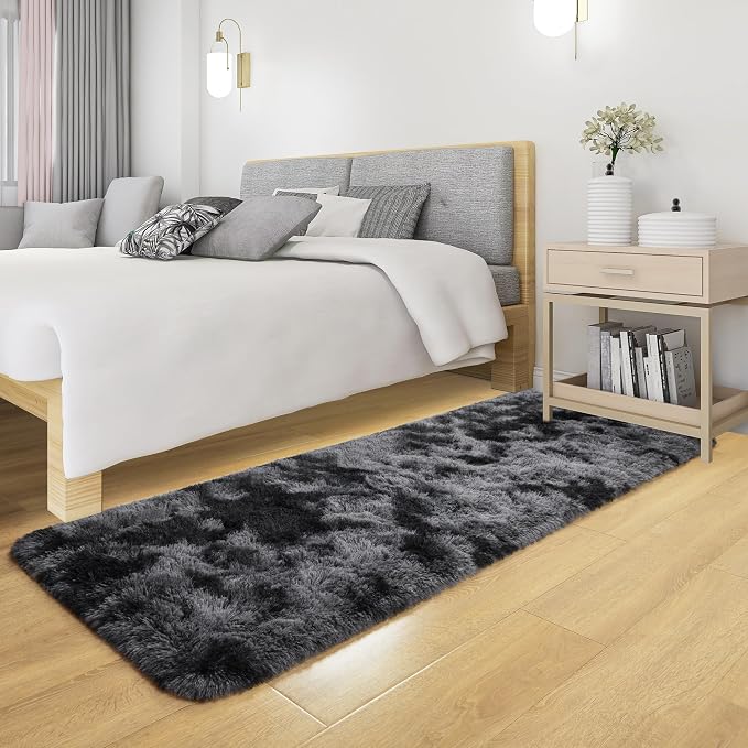 Tepook Fluffy Runner Rugs for Bedroom Aesthetic 2x6 Feet, Shag Soft Bedside Rug with Non-Slip Bottom, Fuzzy Plush Carpet for Room, Hallway Rug for Nursery Dorm Indoor Home Decor, Tie-dye Dark Grey - Image 6