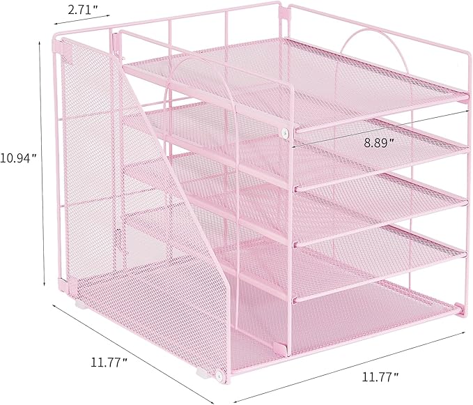 LEKETREE Desk Organizers and Accessories, 5-Tier Paper Letter Tray Organizer with File Holder, Desktop Organizer for Office Supplies (Pink) - Image 3