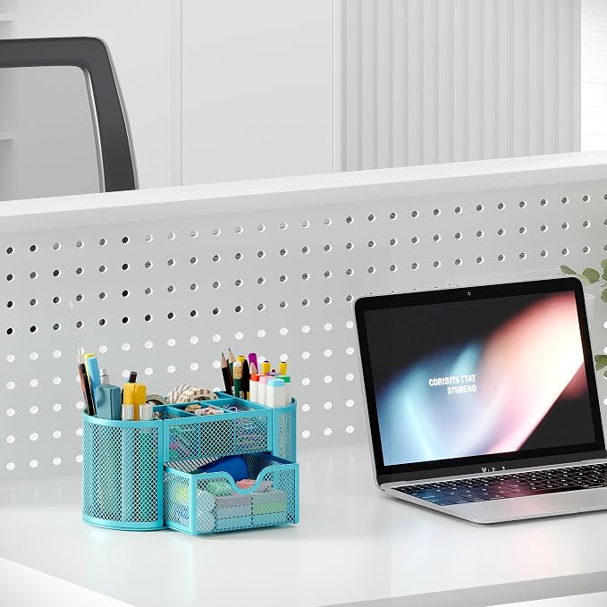 EasyPAG Mesh Pen Holder Desk Organizer with Drawer Stationery Supplies Organizer for Dorm School 9 Compartments Workspace Desk Accessories Organization for Office, Blue - Image 6