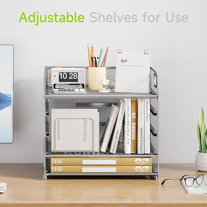 Cawukege 5 Tier Paper Organizer with Handle, Silver Metal Mesh Desk Organizer File Folder Paper Letter Tray Desktop Document Sorter for Classroom, School, Office Accessories Organization and Storage - Image 2
