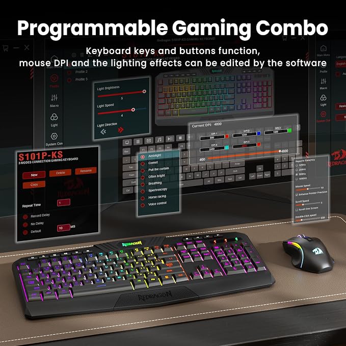 Redragon S101M-KS Gaming Keyboard and Mouse Wireless with Tri-Mode, RGB Keyboard and 4800 DPI Gaming Mouse, 10 Independent Multimedia Keys for Wins, PC, Computer, Wireless S101 Ideal for Gamer - Image 5
