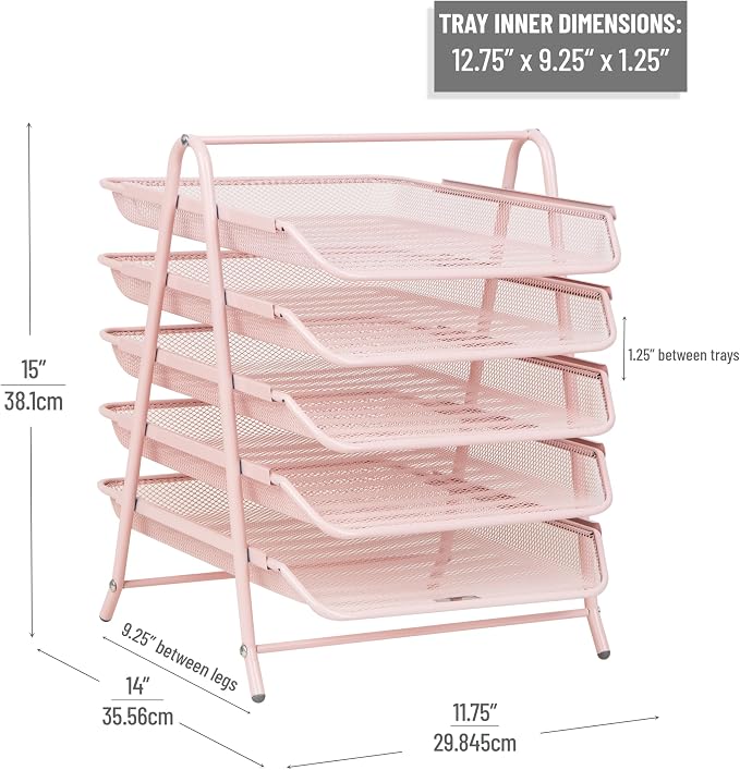 Mind Reader 5-Tier Paper Tray Organizer, Vertical Desktop File Storage Rack, Office, Metal Mesh, Pink - Image 3