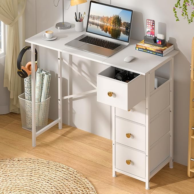 Small White Desk with Drawers for Bedroom, 35.4 Inch Kids Girls Teens Student Writing Desk with Storage, Reversible Study Table, White Computer Desk for Home Office, Makeup Vanity Desk for Small Space - Image 4