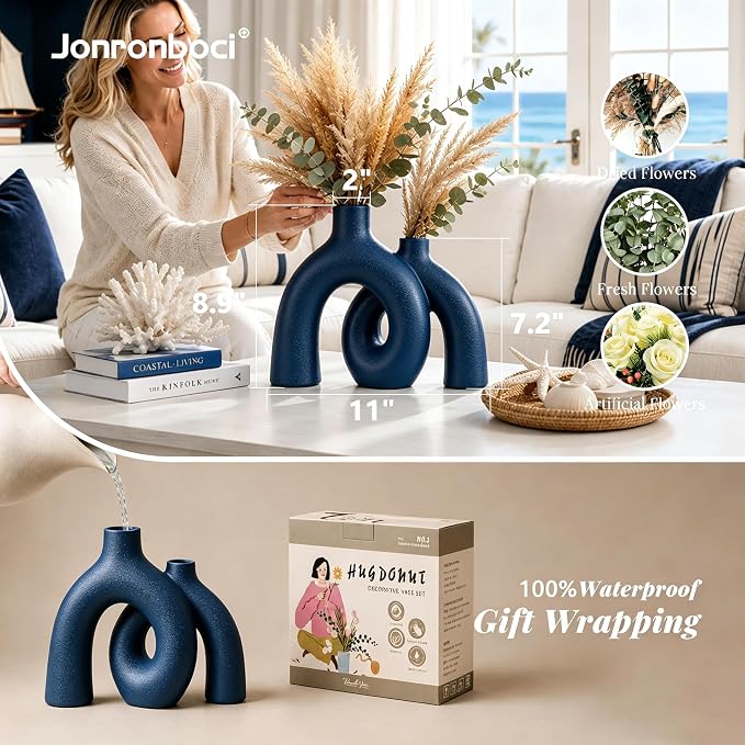 Hug Donut Decorative Vase Set - Navy Blue Vase, Modern Coastal Style Vases Home Decor, Matte Ceramic Decorations for Living Room Shelf, Bookshelf Mantle Entryway Table or Console Décor (Navy Blue) | Decorative Sculptural & Flower Vase for Living Room, ... - Image 4