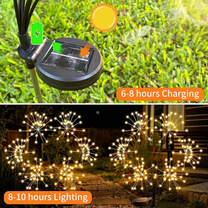 JJGoo 2 Pack Solar Garden Lights Outdoor Waterproof, New Upgraded 6 Branches Firework Starburst Lights with 2 Modes, Solar Fairy Lights for Yard Garden Patio Pathway Party Decor - Warm White - Image 2