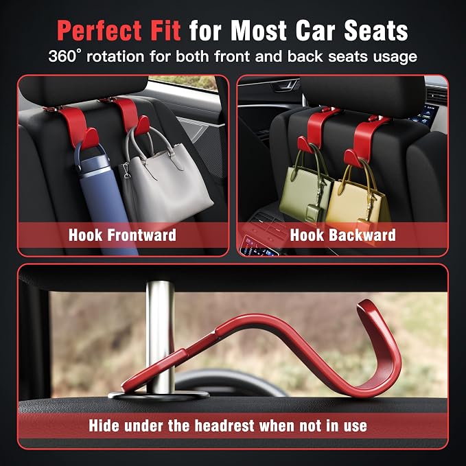 Amooca Car Seat Headrest Hook 4 Pack Hanger Storage Organizer Universal for Handbag Purse Coat Universal fit Vehicle Car S Type Red - Image 4