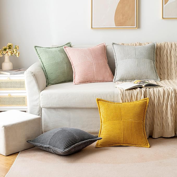 MIULEE Light Grey Corduroy Decorative Euro Sham Pillow Covers 24x24 Inch with Splicing Set of 2 Soft Boho Pillow Covers Broadside Textured Pillowcases for Couch Bed Livingroom - Image 5
