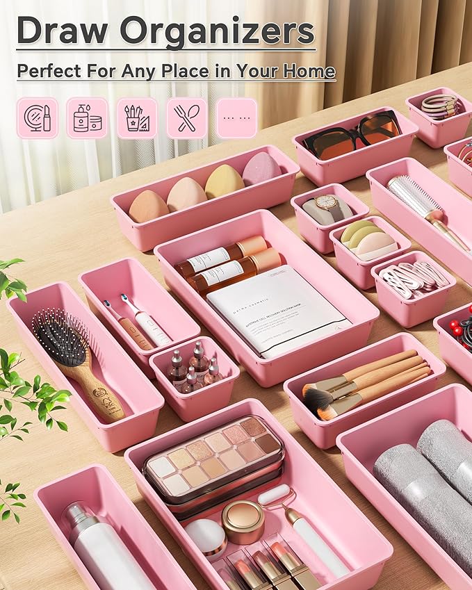 KEMETHY 25 PCS Plastic Drawer Organizers Set, 4 Sizes Vanity Organizer | Makeup and Desk Drawer Organizer Trays, Organization and Storage for Makeup, Bathroom, Kitchen Utensils and Office (Pink) - Image 6