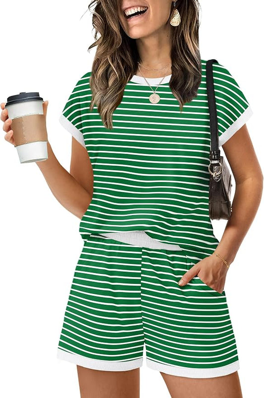WIHOLL Two Piece Sets for Women Summer Lounge Short Sets Cap Sleeve Crew Neck Sweatsuit with Pocket XS-2XL by WIHOLL