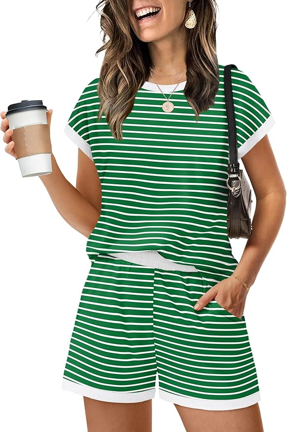 WIHOLL Two Piece Sets for Women Summer Lounge Short Sets Cap Sleeve Crew Neck Sweatsuit with Pocket XS-2XL by WIHOLL