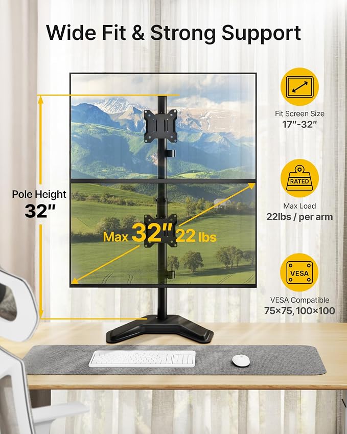 monTEK Freestanding Stacked Dual Monitor Stand for 17-32", 22 lbs Each | Solid V-shaped base, vertical dual-screen full-motion arms, height adjustment, tilt, swivel, rotation and VESA 75/100 - Image 2