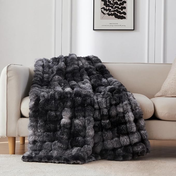 COOVA Faux Fur Throw Blanket for Couch, Cozy Soft and Fuzzy Plush Rabbit Fur Bubble Blanket for Sofa Bedroom Living Room, 60x80 Inches Tie Dye Black by COOVA