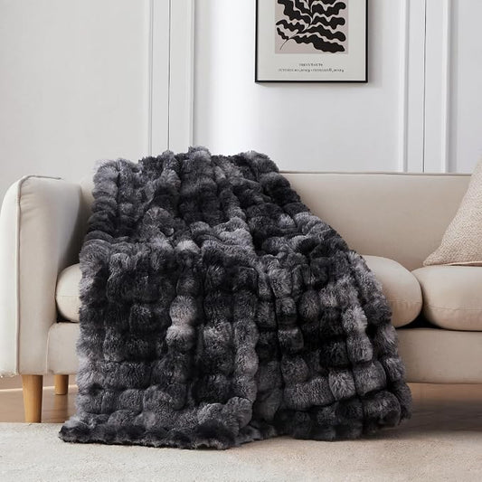 COOVA Faux Fur Throw Blanket for Couch, Cozy Soft and Fuzzy Plush Rabbit Fur Bubble Blanket for Sofa Bedroom Living Room, 60x80 Inches Tie Dye Black by COOVA