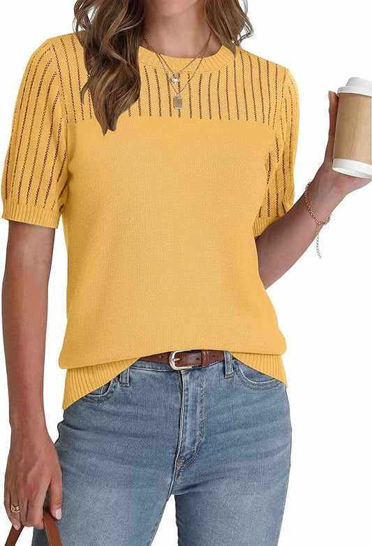Zeagoo Women's Short Sleeve Sweater Tops 2026 Spring Summer Crew Neck Hollow Out Blouses Dressy Business Casual Outfits by Zeagoo