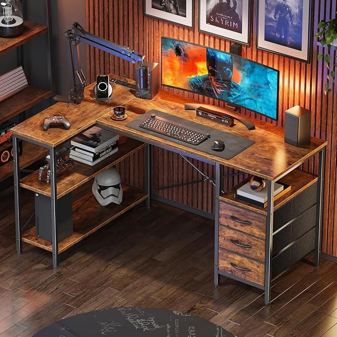 Alpen L Shaped Computer Desk, 47 Inch Corner Desk with Drawers and Power Outlets, Home Office Desk for Gaming, Study Writing PC Table with Storage and Reversible Shelf, Rustic Brown - Image 8