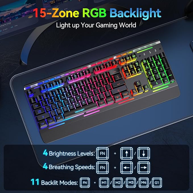 TECKNET Wireless Gaming Keyboard, 4000mAh Rechargeable Keyboard | 2-in-1 (2.4G Wireless & Wired) Connection, 15-Zone RGB Backlit, Whisper Quiet Design, 25 Anti-ghosting Keys, Metal Panel - Image 4