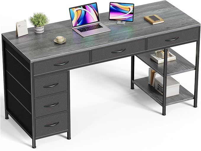 Huuger Computer Desk with 6 Drawers, Office Desk with Shelves, Reversible Gaming Desk, Corner Desk with Storage, Work for Home Office, Study, Living Room, 54inch, Grey by Huuger
