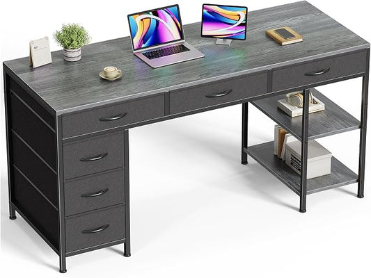 Huuger Computer Desk with 6 Drawers, Office Desk with Shelves, Reversible Gaming Desk, Corner Desk with Storage, Work for Home Office, Study, Living Room, 54inch, Grey by Huuger