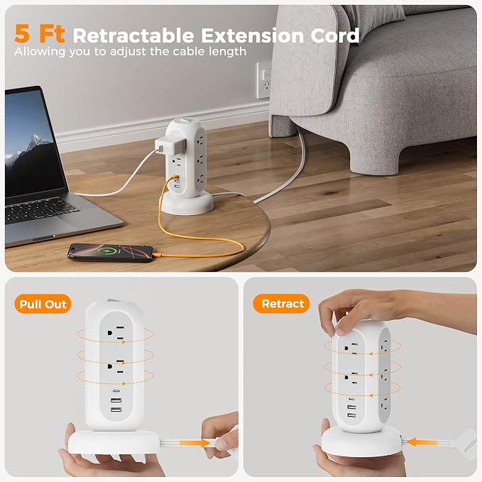 TESSAN Tower Power Strip Flat Plug with 1050J Surge Protection, 5 Ft, Grey | 11 Outlets 3 USB (1 USB C), Surge Protector Power Tower, Retractable Extension Cord with Multiple Outlets for Dorm, Office - Image 2