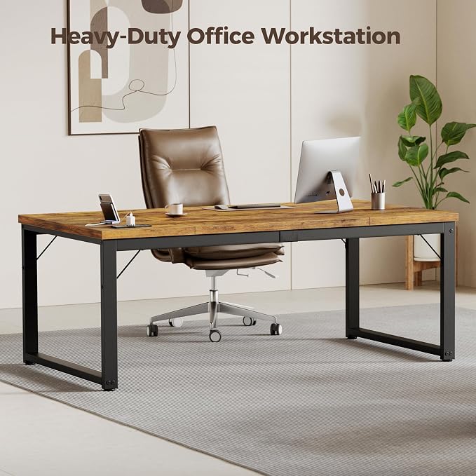 Mericonia 63 Inch Computer Desk with Power Outlets, 1.2" Thick Office Table | Modern Simple Style, Heavy Duty Industrial Frame, Large Study & Writing Table for Home Bedroom Work, Brown - Image 6