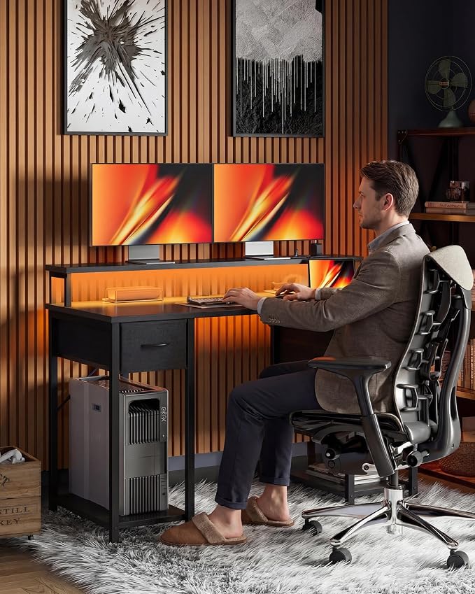 TIQLAB Computer Desk with 4 Drawers & LED Lights, 47 Inch Gaming Desk with Monitor Stand & Power Outlets, Home Office Desk with Large Storage Space, Study Work Table for Bedroom, Black - Image 2