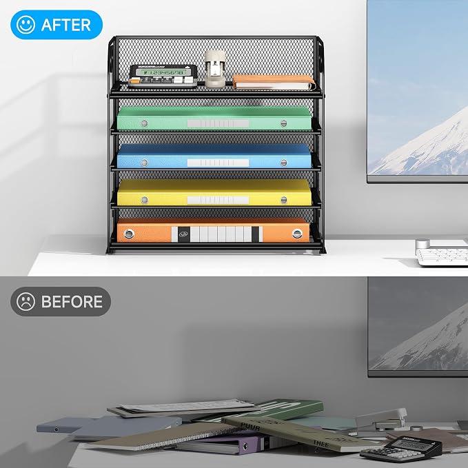 Lavatino 5 Tray Desk File Organizer, Black Mesh Paper Sorter Letter Tray Organizer with Handle, Desktop File Organizer and Storage for Letter/A4 Office File Folder - Image 4