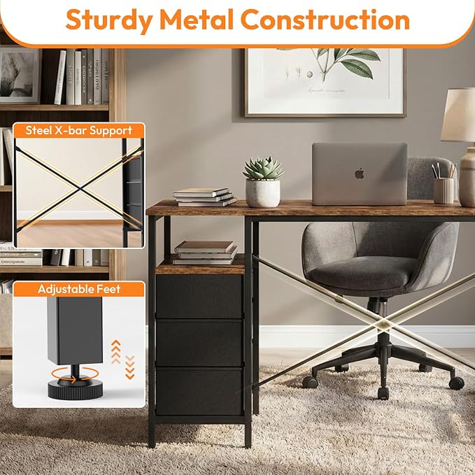 Alpen L Shaped Computer Desk, 47.2 Inch Corner Desk with Drawers and Power Outlets, Home Office Desk for Gaming, Study Writing PC Table with Storage and Reversible Shelf, Rustic Brown - Image 6