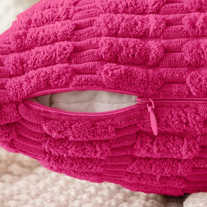 MIULEE Pack of 2 Corduroy Decorative Throw Pillow Covers 18x18 Inch Soft Boho Striped Pillow Covers Modern Farmhouse Home Decor for Sofa Living Room Couch Bed Hot Pink - Image 3