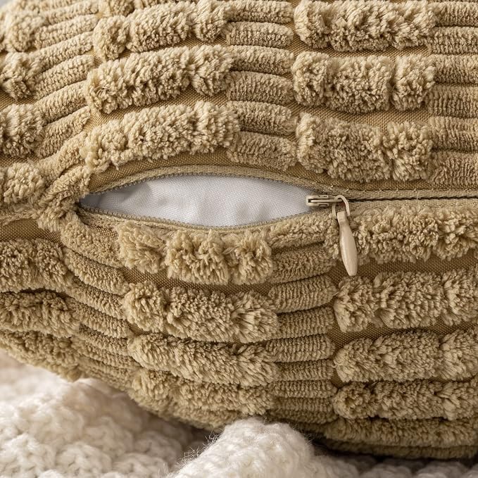 MIULEE Pack of 2 Corduroy Decorative Euro Sham Throw Pillow Covers 22x22 Inch Soft Boho Striped Pillow Covers Modern Farmhouse Home Decor for Sofa Living Room Couch Bed Khaki - Image 3