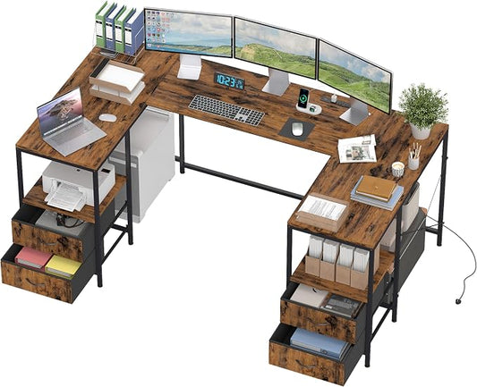 YOSHOOT 67" U Shaped Computer Desk, Reversible L Shaped Gaming Desk | Corner Desk with Power Outlets, 4 Drawers, 2 Storage Shelf, Computer Table with 4 Installation Methods, Rustic Brown by YOSHOOT