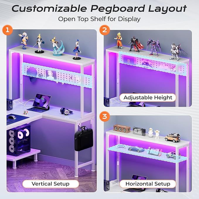 PRAISUN L Shaped Gaming Desk with LED Lights & Power Outlets, Reversible Computer Desk with Storage Shelves & Bag, Large Corner Home Office Desk with Pegboard for Work from Home, White - Image 8