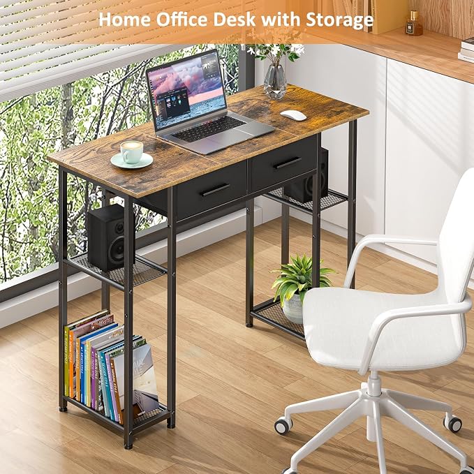 DAOUTIME Computer Desk with Drawers, 37.3 Inch Home Office Work Desk with Storage Shelf, Kids Teens Study Table for Small Space, Small Writing PC Table for Bedroom Makeup Vanity Desk, Brown - Image 4