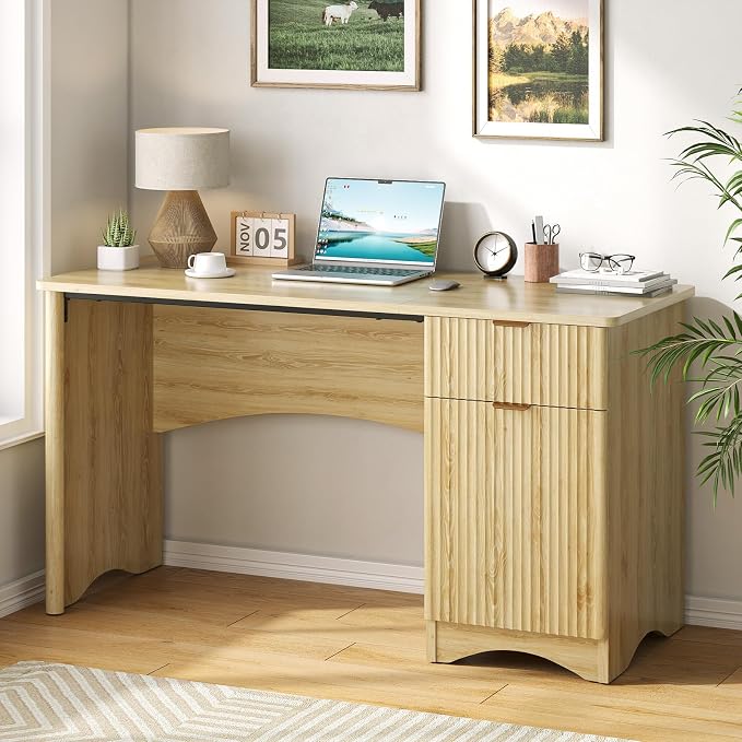 Bestier 47 inch Fluted Computer Desk with Drawer, Office Desk with File Cabinet, Modern Wood Desk with Storage Cabinet for Home Office Bedroom Study, Natural Oak - Image 7