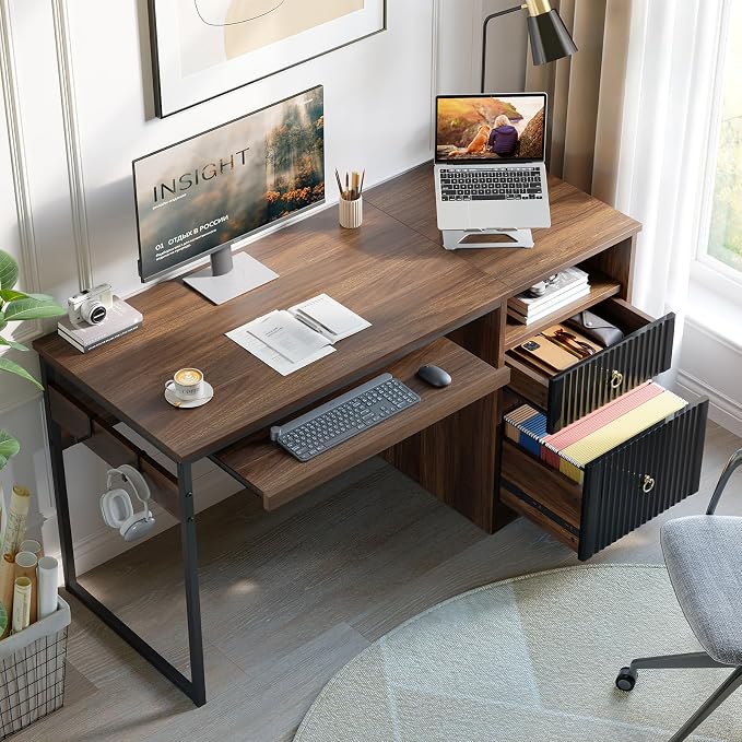 Bestier 55 Inch Wood Computer Desk with File Drawer & Keyboard Tray, Cherry | Fluted Panels, Ring Handles, File Drawer Letter/Legal, Storage Drawer, Keyboard Tray, Reversible, 2 Hooks, 150 Lbs, P2 Board - Image 8