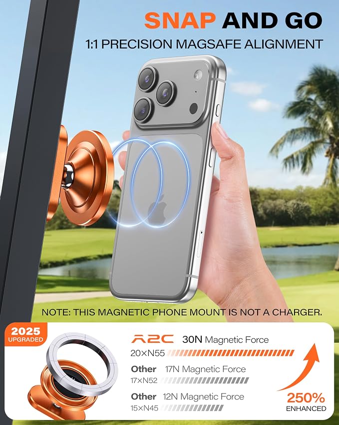 A2C Alloy Magnetic Golf Cart Phone Holder for MagSafe iPhone, Unique Golf Gifts for Men Women Golfers, Golf Gift for Him Her Husband, Golf Accessories Essentials Gadgets Fits EZGO, Club Car (Orange) - Image 5