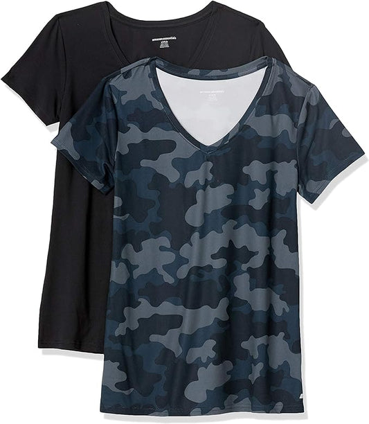 Amazon Essentials Women's Active Quick Dry Tech Stretch Short-Sleeve V-Neck T-Shirt (Available in Plus Size), Pack of 2 by AmazonEssentials