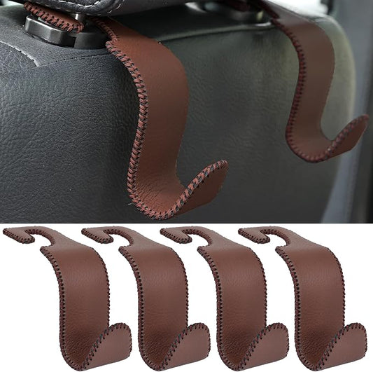 Amooca Car Seat Headrest Hook 4 Pack Metal Core Hanger Universal Car Storage Organizer for Handbag Purse Coat S Type Leather Brown by Amooca